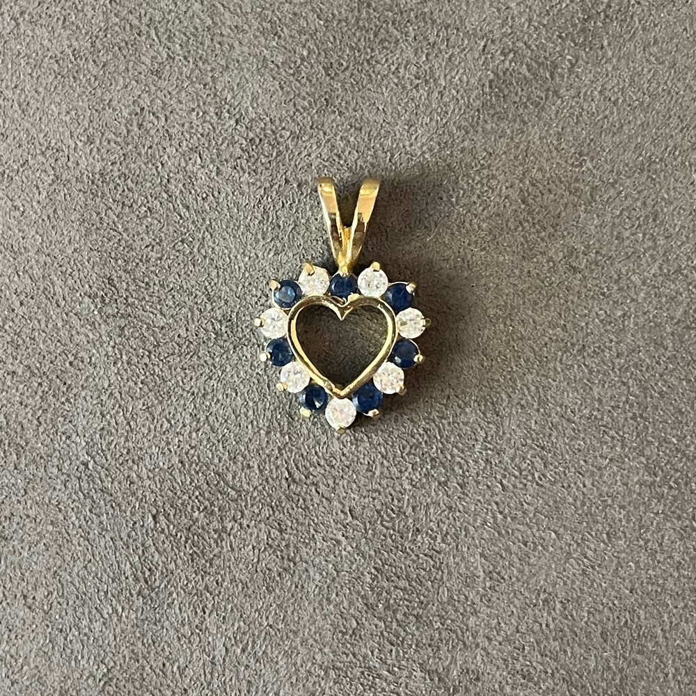 Gold heart-shaped pendant with CZ and sapphire gemstones